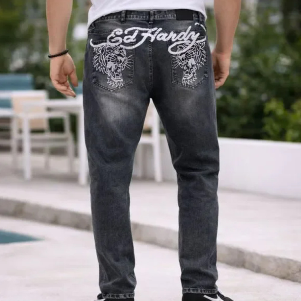 Ed Hardy Men's 34 Embroidered Tiger Head Slim Taper Y2K Streetwear Jeans I32-6